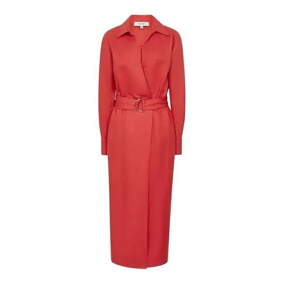 Reiss Emily Red Linen Blend Belted Midi Dress Size 2 - Picture 2 of 11